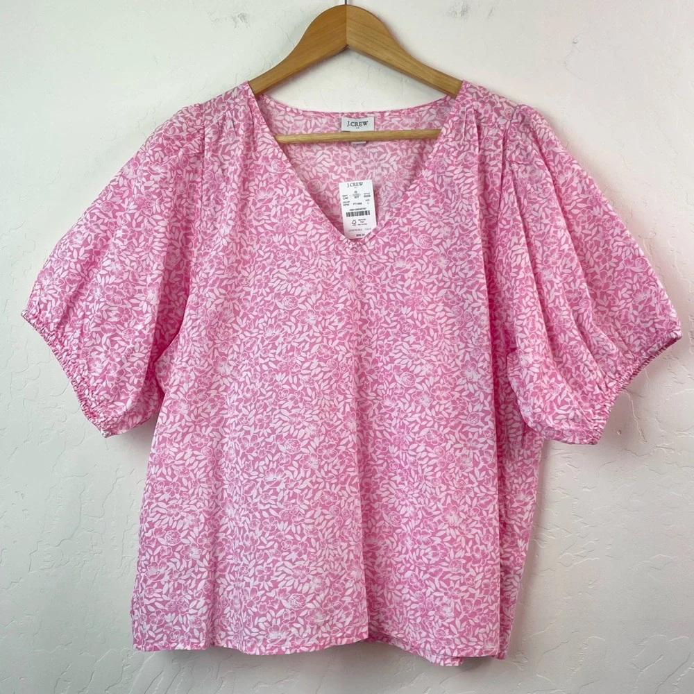 J. Crew Cotton V-Neck Puff-Sleeve Floral Womens Pink/White Blouse Size Large NEW